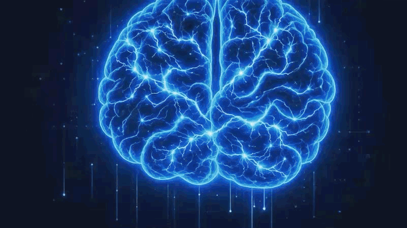Animated glowing AI brain representing automated SEO monitoring, post creation and image generation
